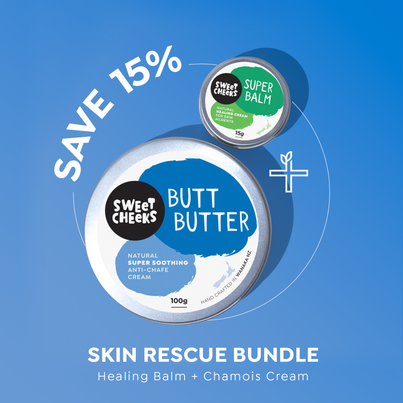 Promotional graphic for Sweet Cheeks Butt Butter and Super Balm with a 15% save offer on a blue background.