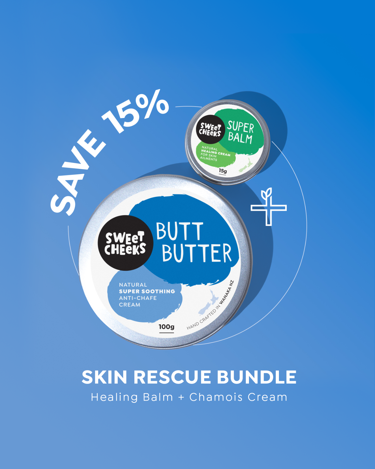 Promotional graphic for Sweet Cheeks Butt Butter and Super Balm with a 15% save offer on a blue background.