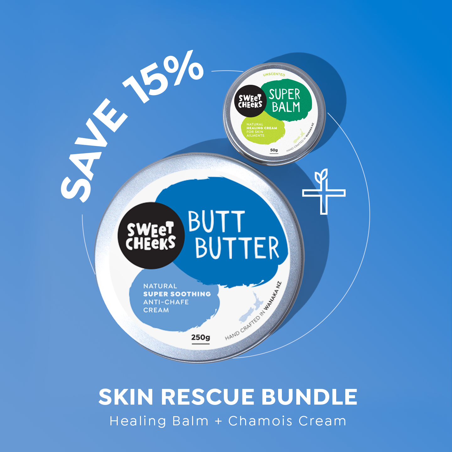 Promotional graphic for Sweet Cheeks Butt Butter and Super Balm with a discount offer on a blue background.