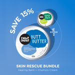 Skin rescue bundle with 'Butt Butter' and 'Super Balm' on a blue background