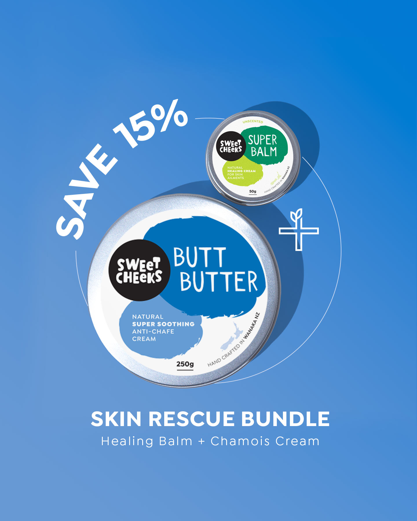 Skin rescue bundle with 'Butt Butter' and 'Super Balm' on a blue background