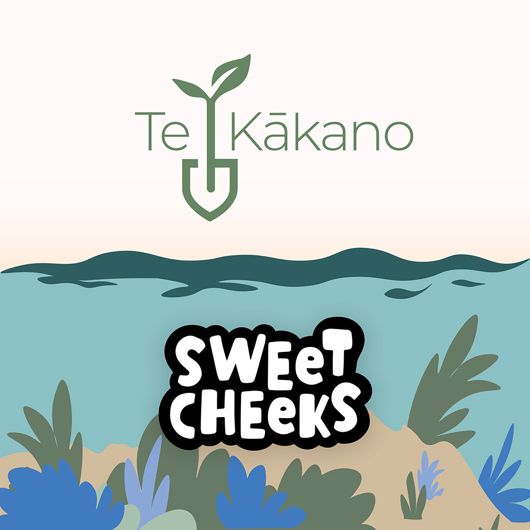 Te Kákano logo with 'Sweet Cheeks' text on a nature-themed background