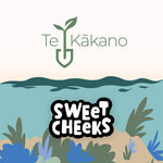 Te Kákano logo with 'Sweet Cheeks' text on a nature-themed background