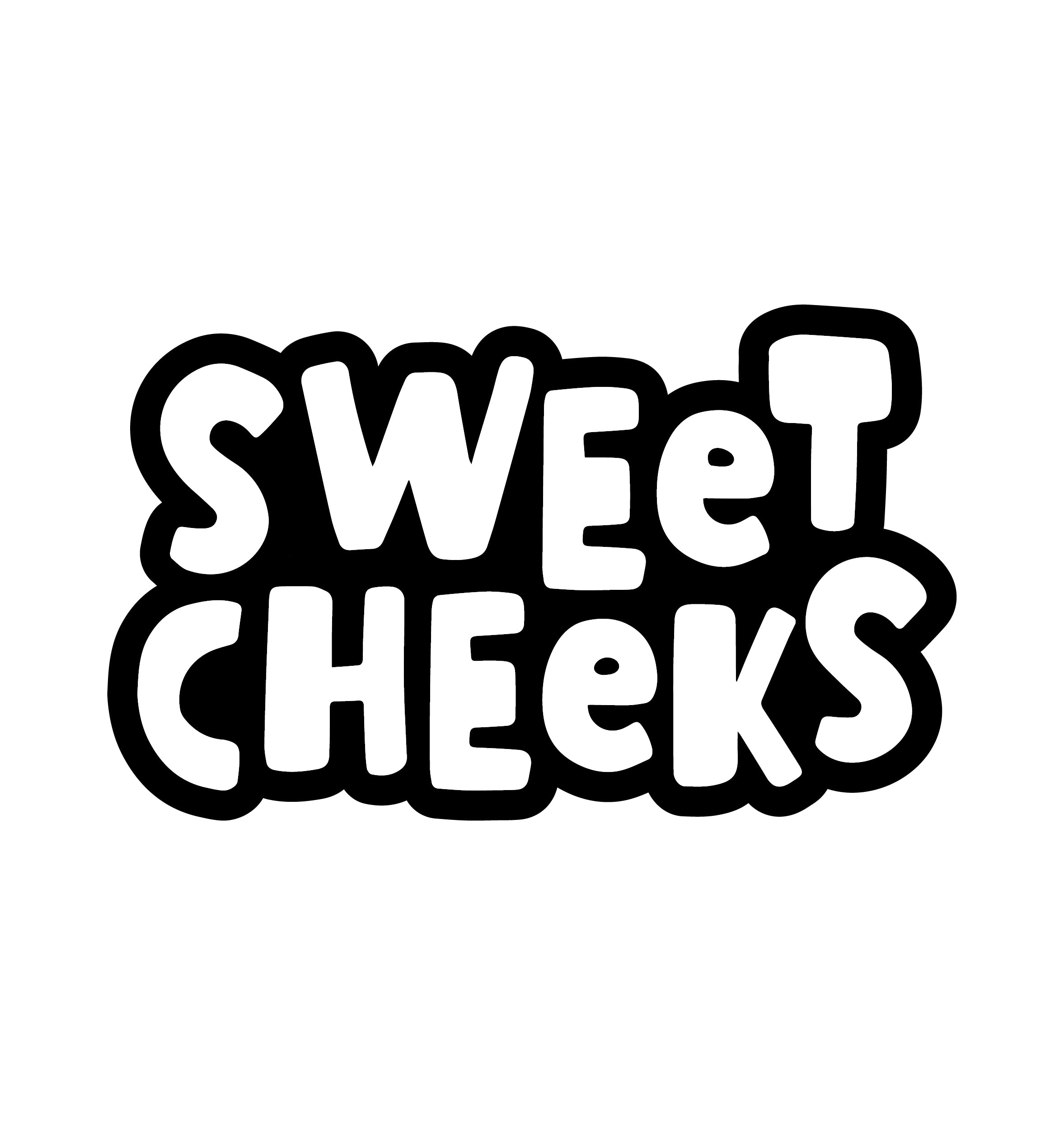 Black and white text 'SWEeT CHEeKS' on a white background